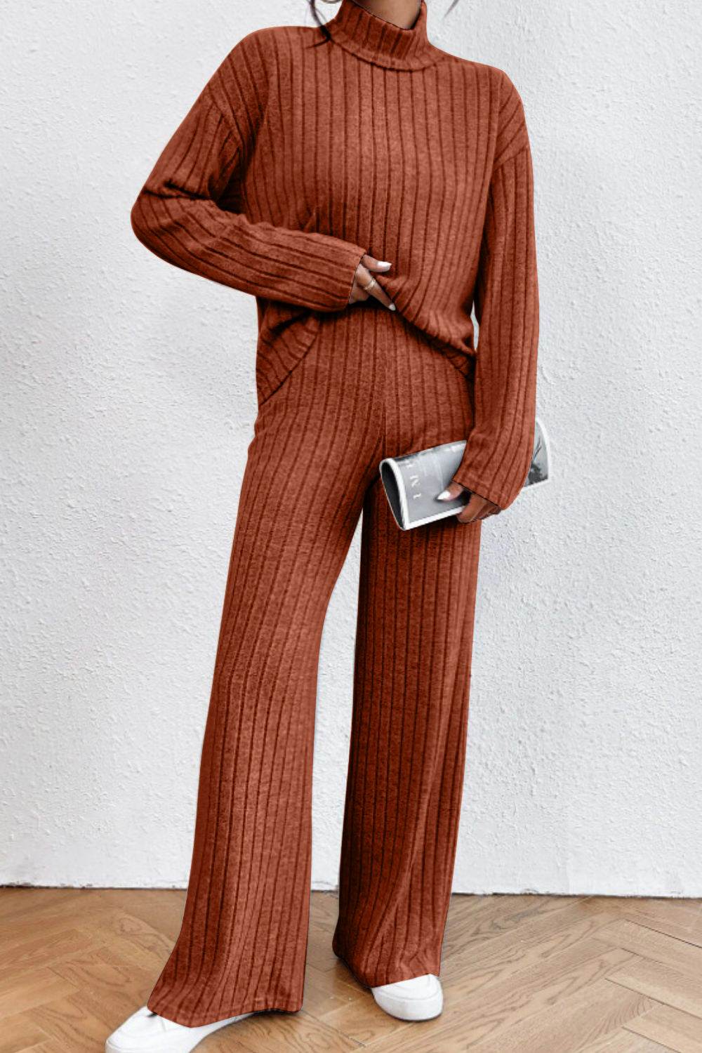 Mock Neck Dropped Shoulder Top and Pants Set - DaTrendStore.Com