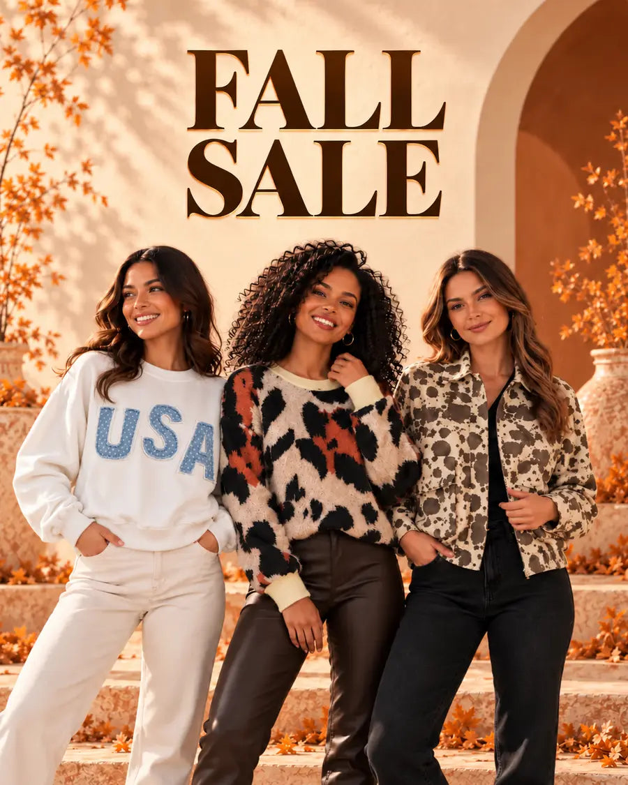 Fall Sale featuring three women in fall apparel, including a white USA sweatshirt
