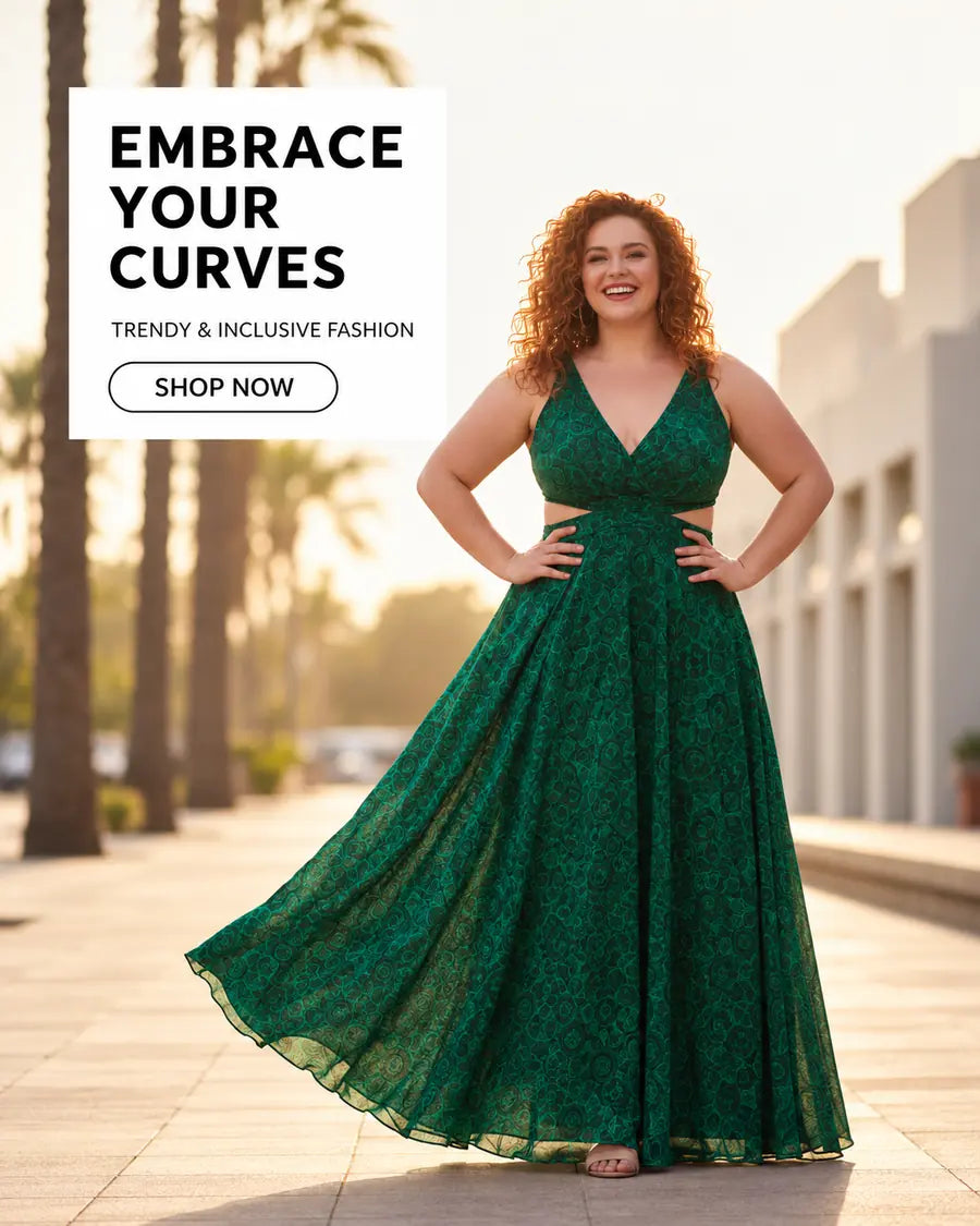 Plus size fashion hero featuring an emerald green dress