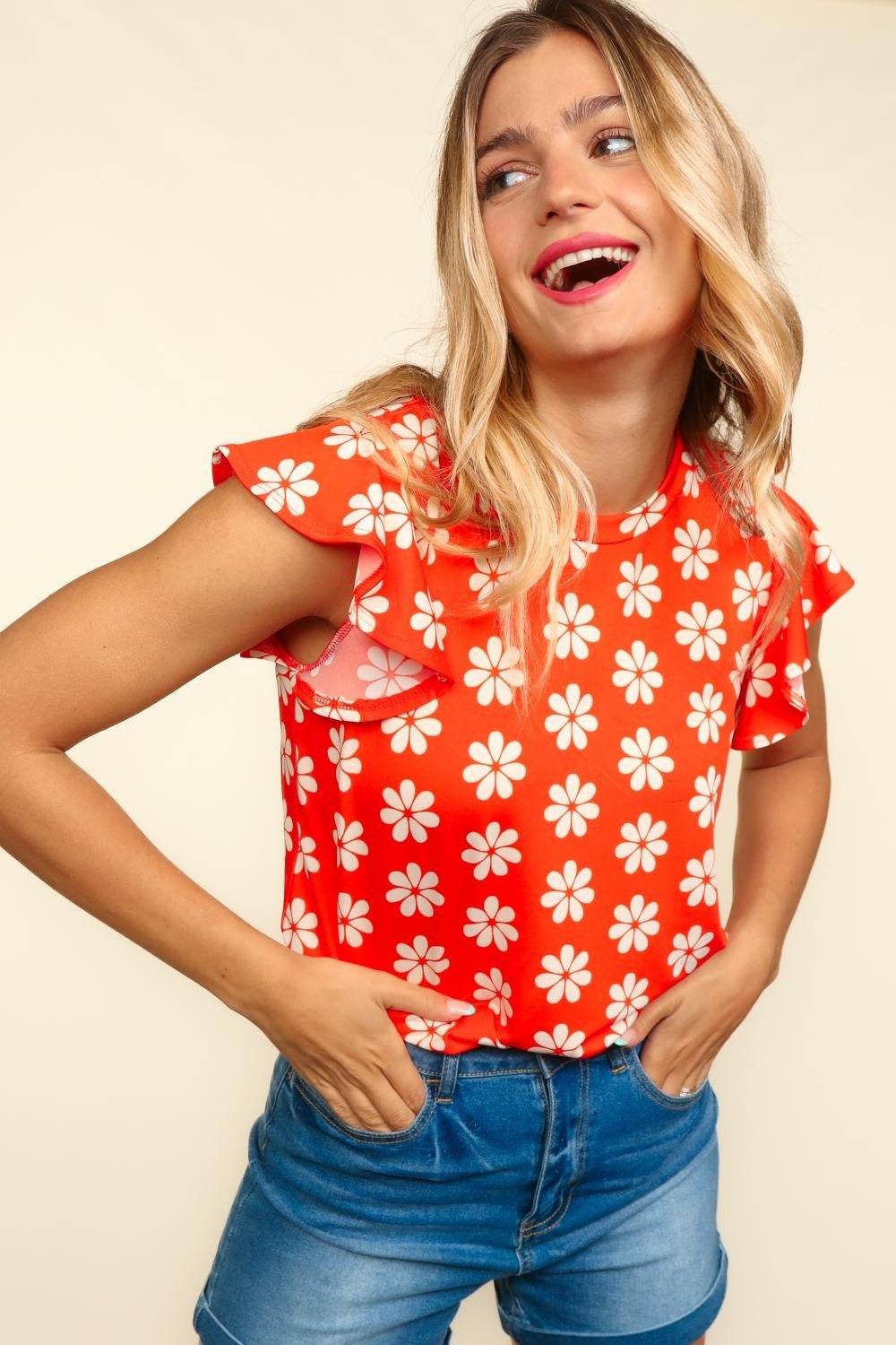 Haptics Round Neck Ruffled Floral Contrast Knit Top - DaTrendStore.Com