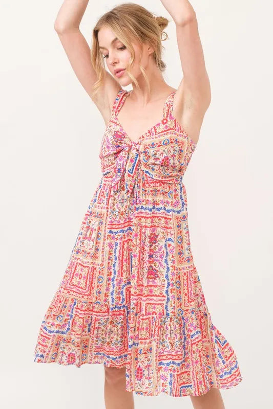 And The Why Red Boho Tiered Tie-Front Dress