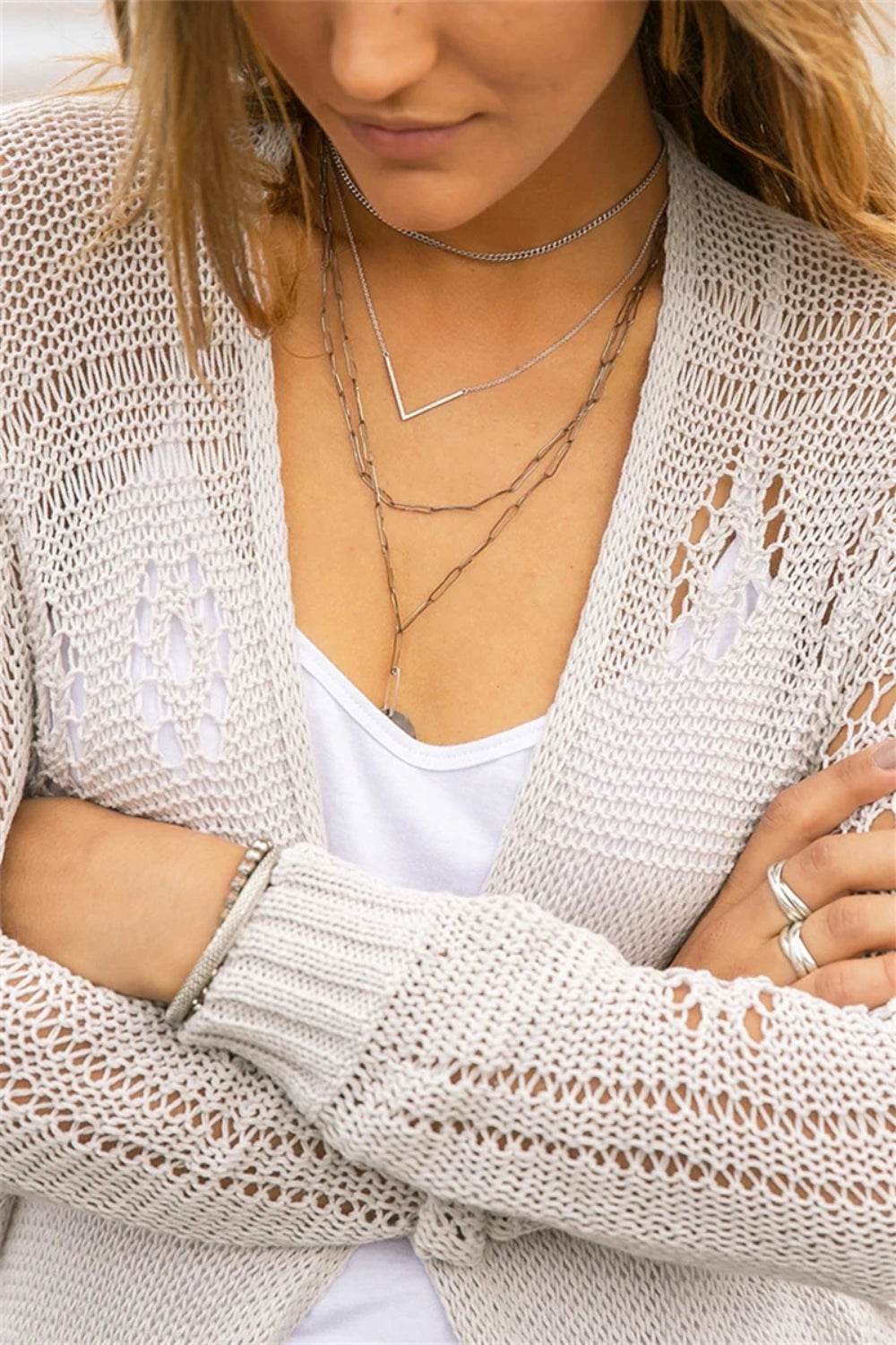 Openwork Side Slit Open Front Long Sleeve Cardigan - DaTrendStore.Com