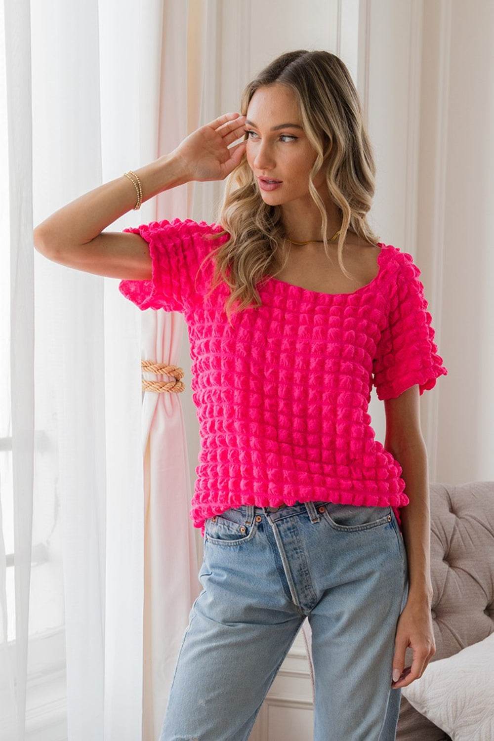 Sew In Love Bubble Textured Round Neck Short Sleeve T-Shirt - DaTrendStore.Com
