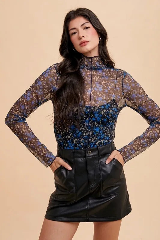 Annie Wear Black/Blue Floral Mesh Top