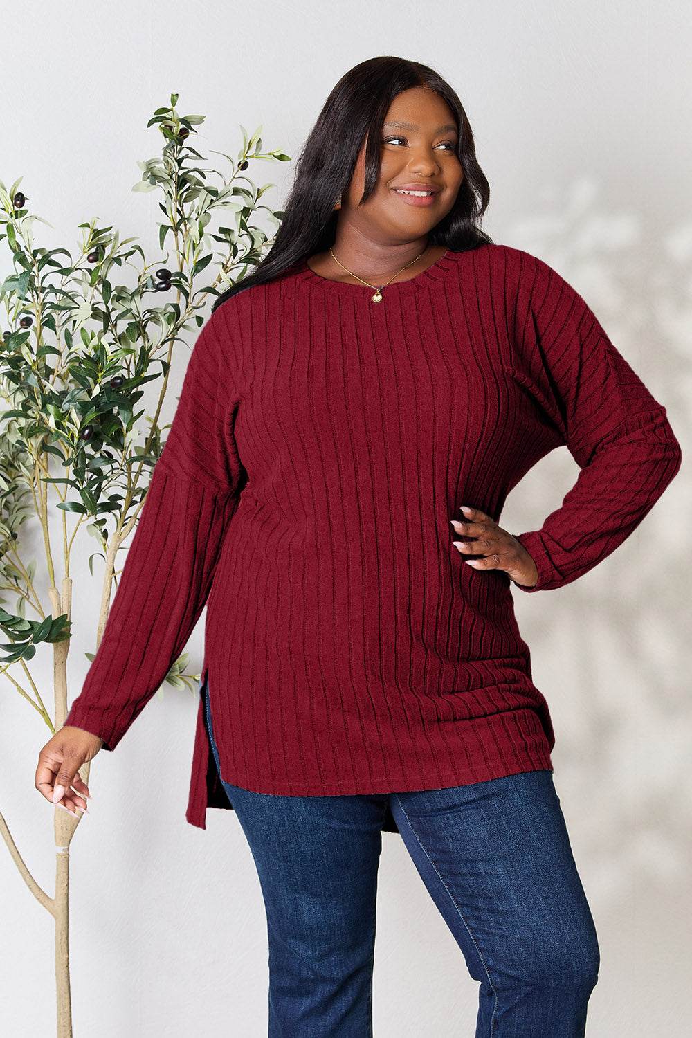 Basic Bae Full Size Ribbed Round Neck Long Sleeve Slit Top - DaTrendStore.Com