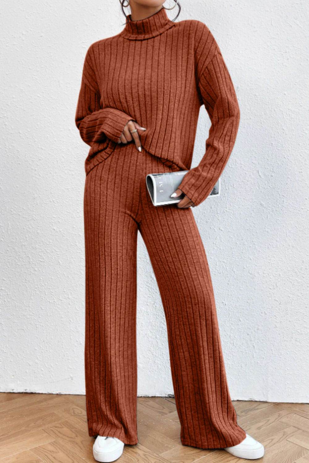 Mock Neck Dropped Shoulder Top and Pants Set - DaTrendStore.Com