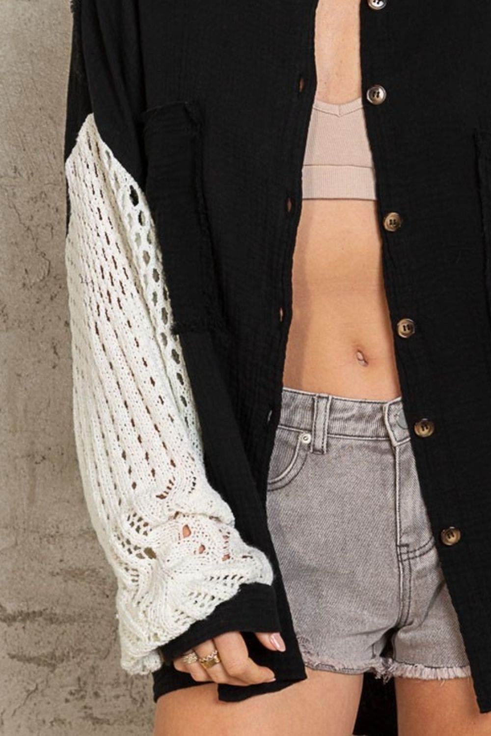 POL Openwork Lantern Sleeve Button Down Gauze Shirt - DaTrendStore.Com