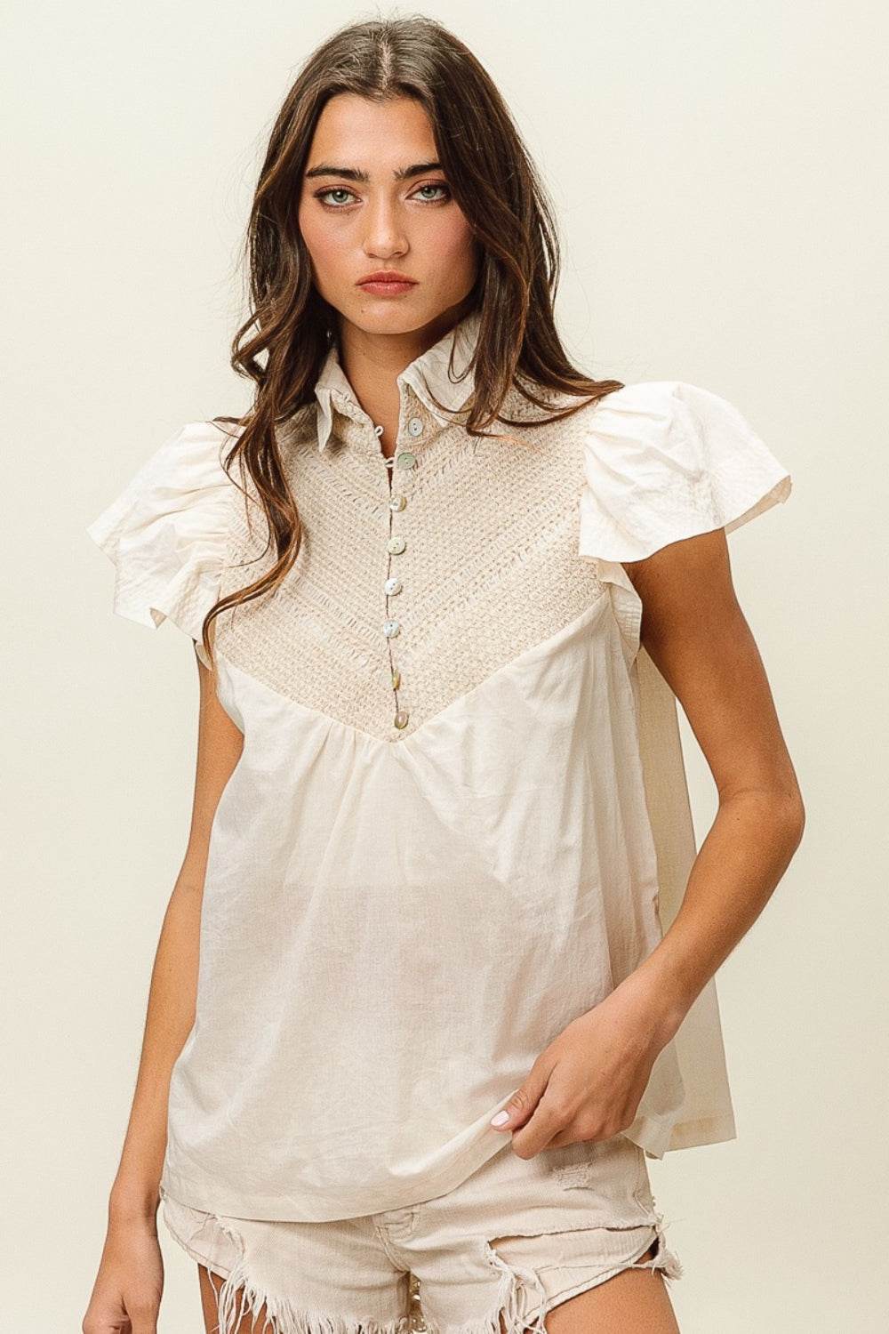 BiBi Half Button Collared Neck Short Sleeve Top - DaTrendStore.Com