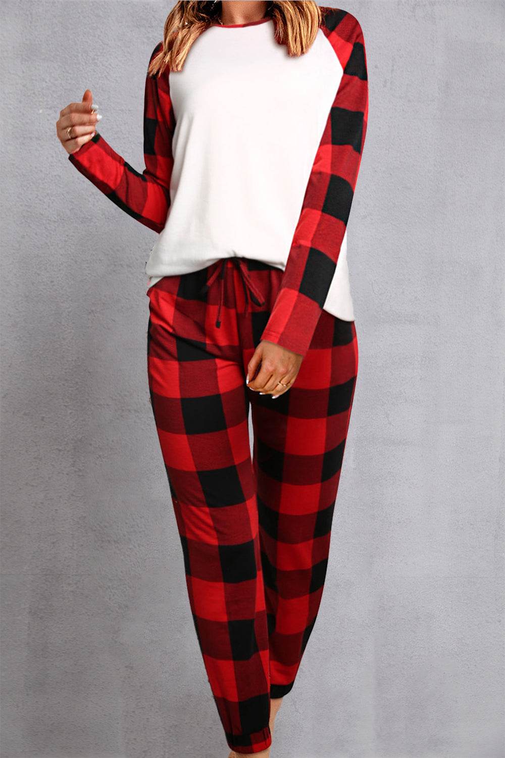 Plaid Round Neck Top and Pants Set - DaTrendStore.Com