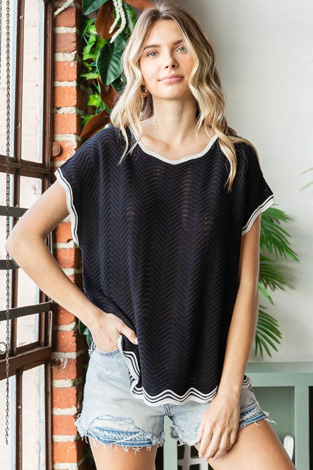 First Love Full Size Contrast Wavy Crochet Drop Shoulder Knit Top - DaTrendStore.Com