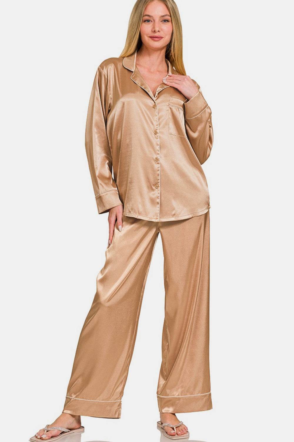 Zenana Satin Long Sleeve Shirt and Pants Pajama Set - DaTrendStore.Com