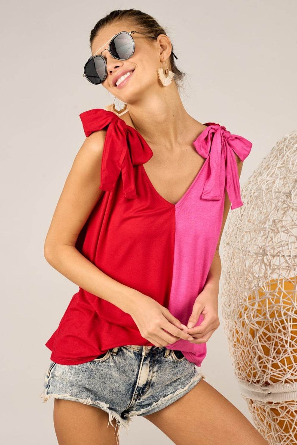 BiBi Shoulder Ribbon Tied Contrast Tank - DaTrendStore.Com