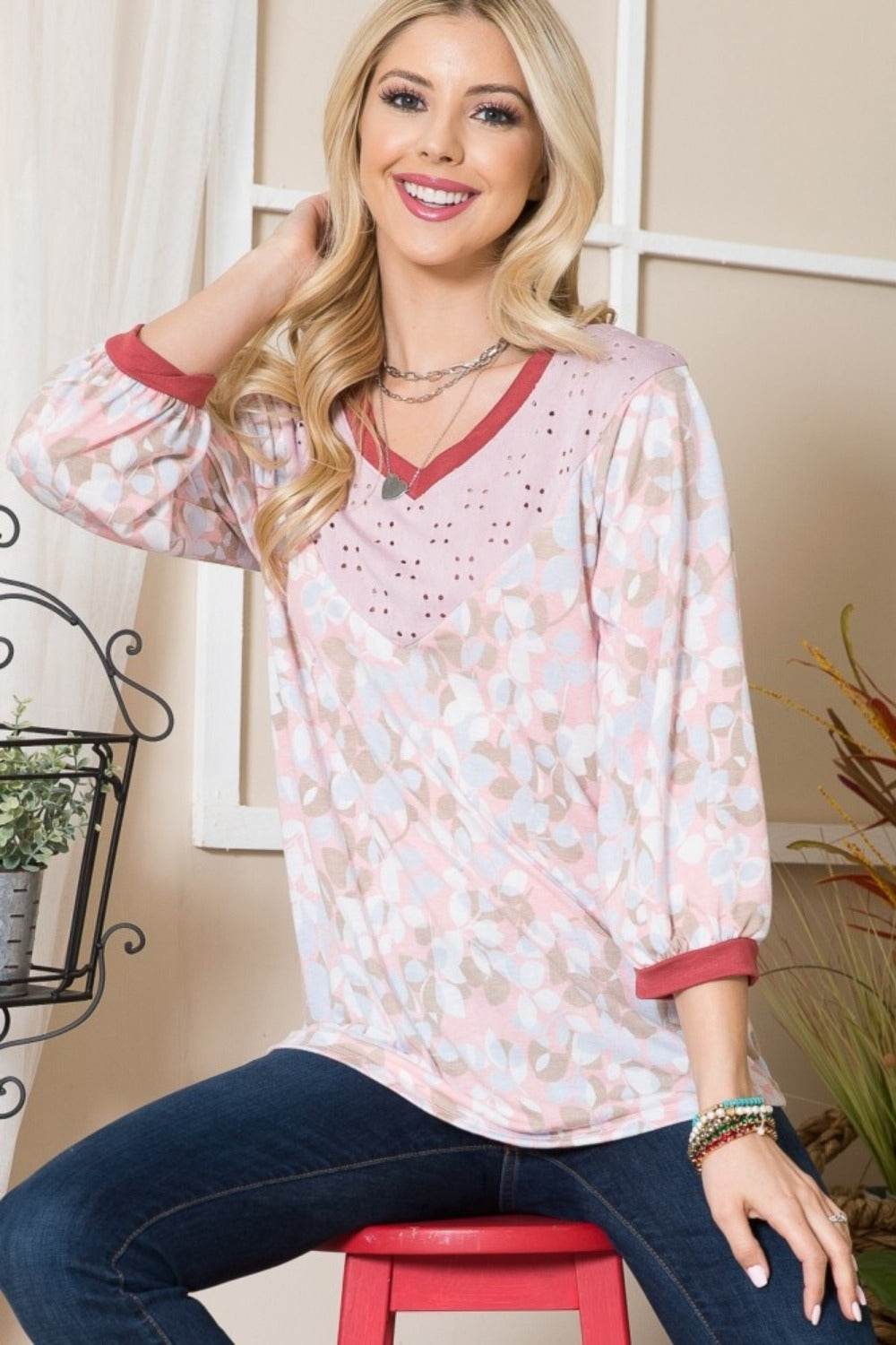 Celeste Full Size Leaf Print Contrast Trim Balloon Sleeve Top - DaTrendStore.Com