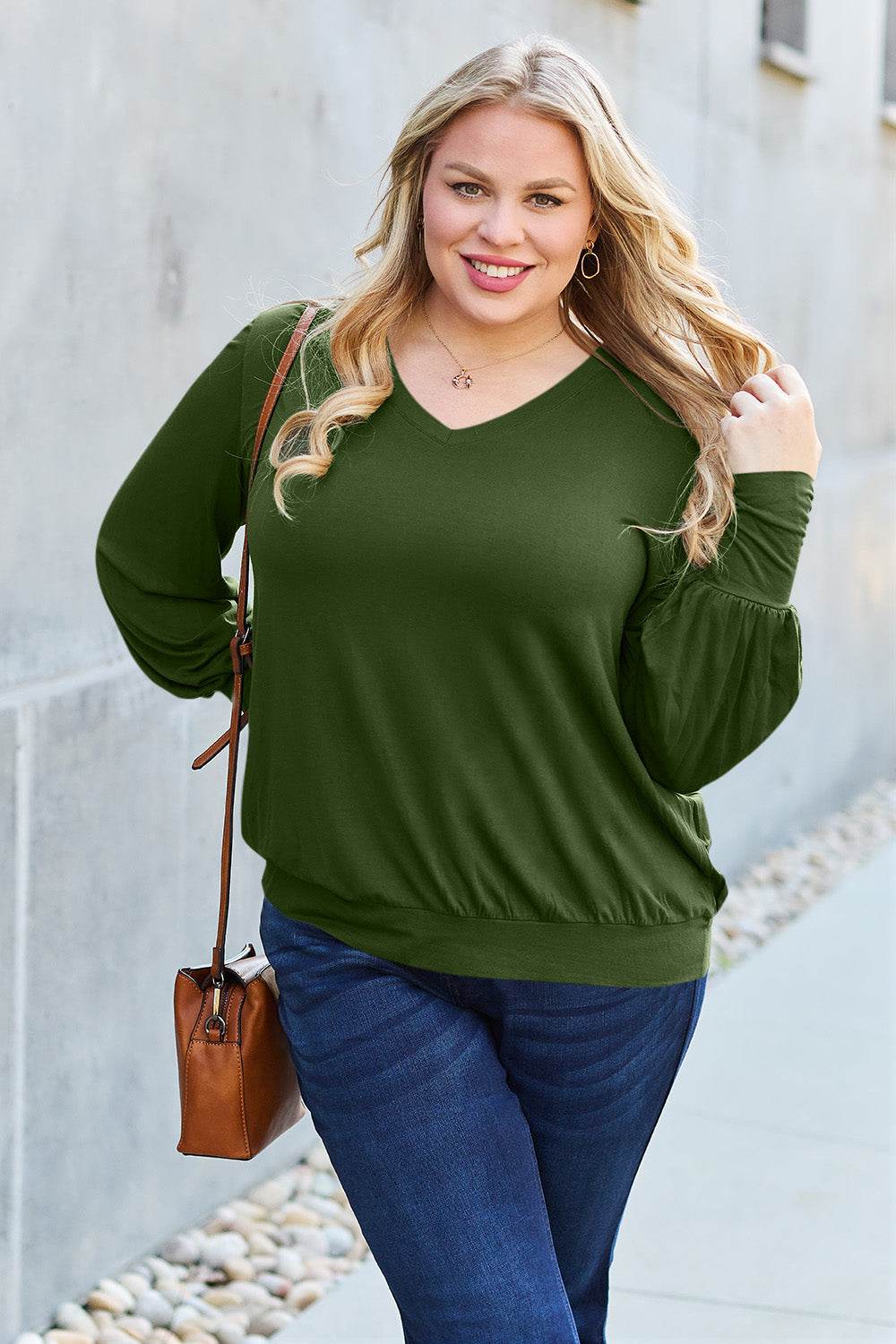 Basic Bae Full Size V-Neck Lantern Sleeve Top - DaTrendStore.Com