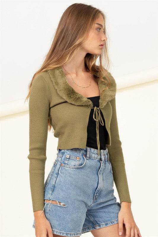 Miss Mesmerize Fur Trim Tie Front Ribbed Cardigan - DaTrendStore.Com