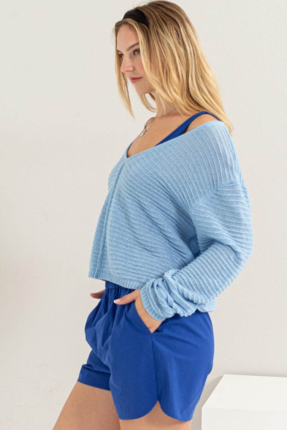 HYFVE V-Neck Stripe Texture Long Sleeve Top - DaTrendStore.Com