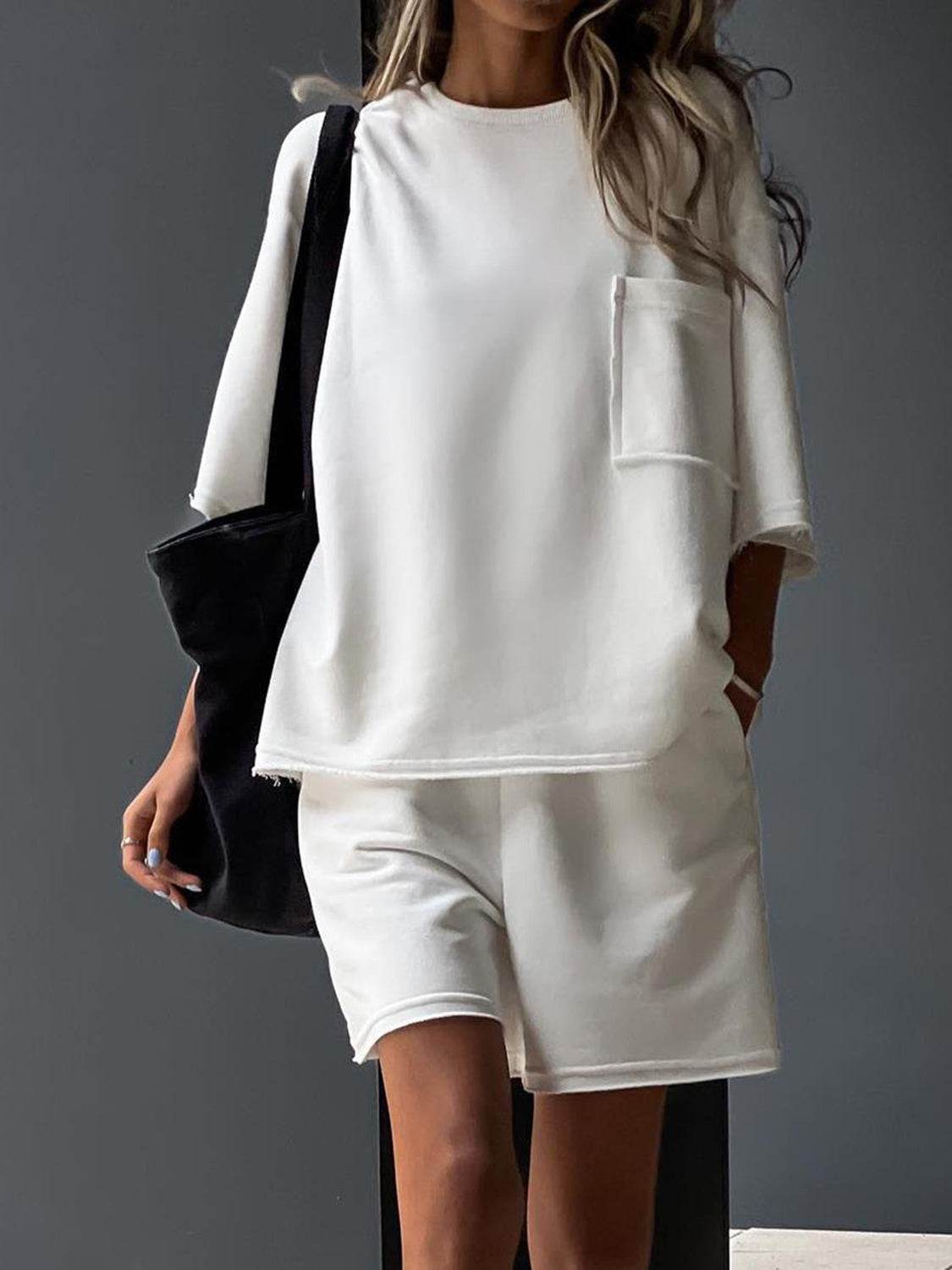Pocketed Round Neck Half Sleeve Top and Shorts Set - DaTrendStore.Com