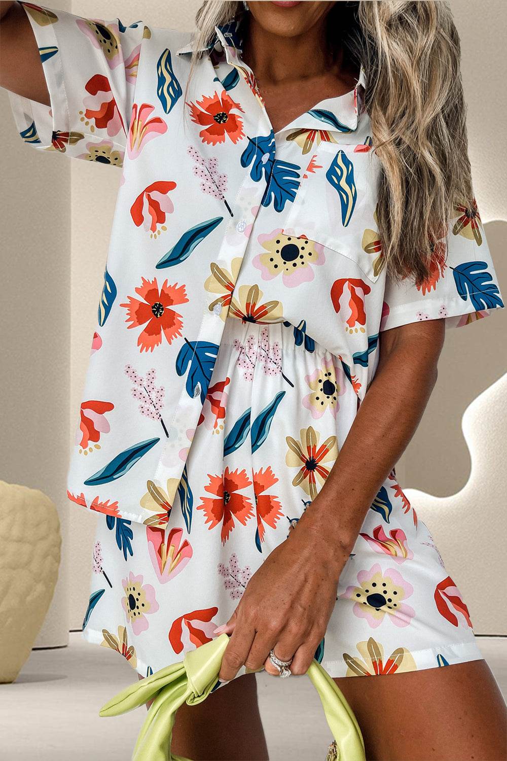 Printed Button Up Top and Shorts Set - DaTrendStore.Com