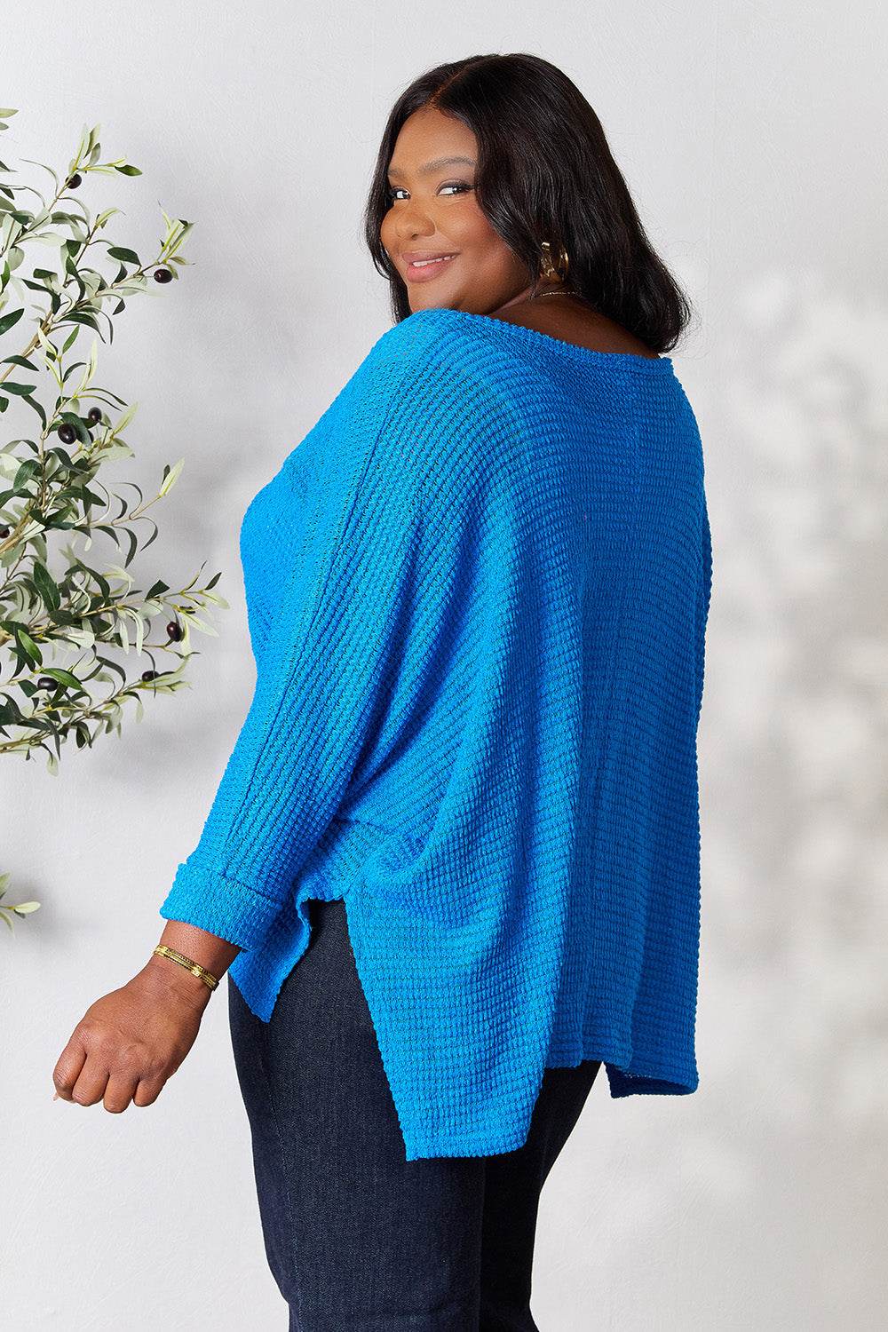 Zenana Full Size Round Neck High-Low Slit Knit Top - DaTrendStore.Com
