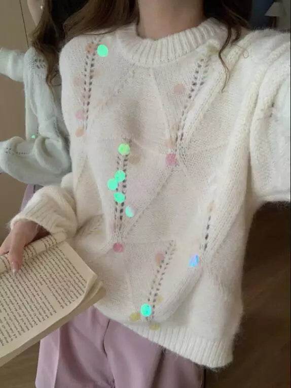 Sequin Round Neck Long Sleeve Sweater - DaTrendStore.Com