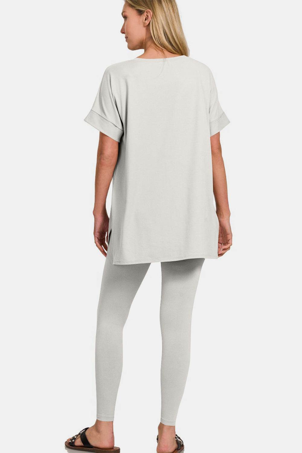 Zenana V-Neck Rolled Short Sleeve T-Shirt and Leggings Lounge Set - DaTrendStore.Com
