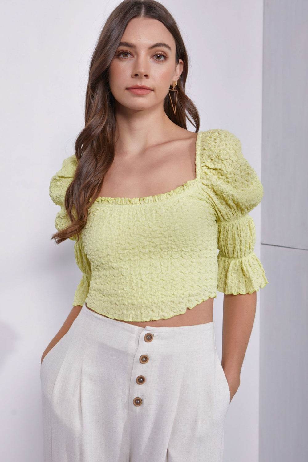 Mustard Seed Crinkle Texture Puff Sleeve Crop Top - DaTrendStore.Com