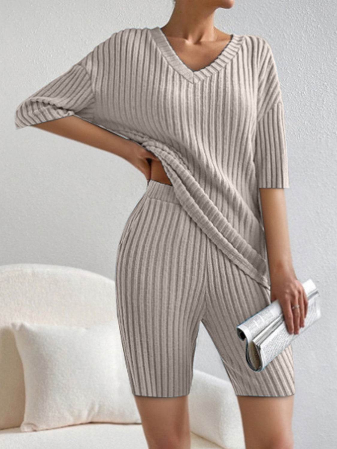 Ribbed V-Neck Top and Shorts Set - DaTrendStore.Com