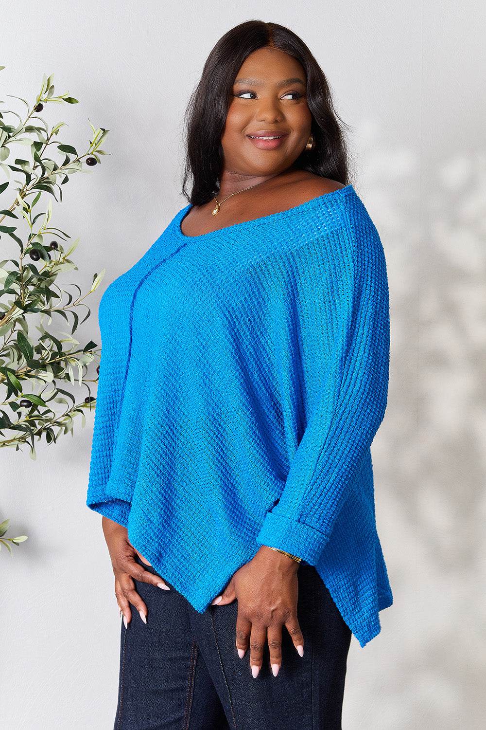 Zenana Full Size Round Neck High-Low Slit Knit Top - DaTrendStore.Com