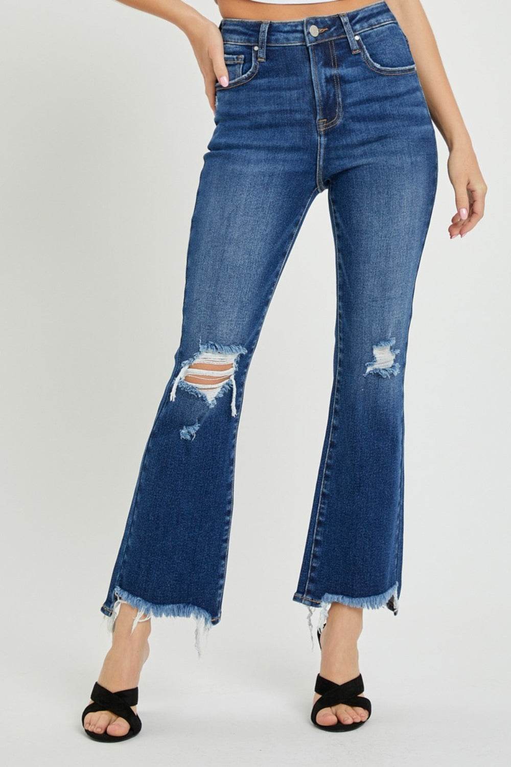 RISEN High Rise Distressed Crop Flare Jeans - DaTrendStore.Com
