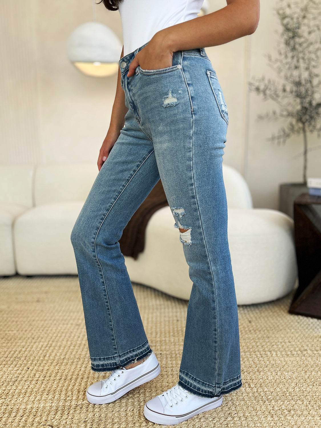 Judy Blue Full Size Mid Rise Destroyed Hem Distressed Jeans - DaTrendStore.Com