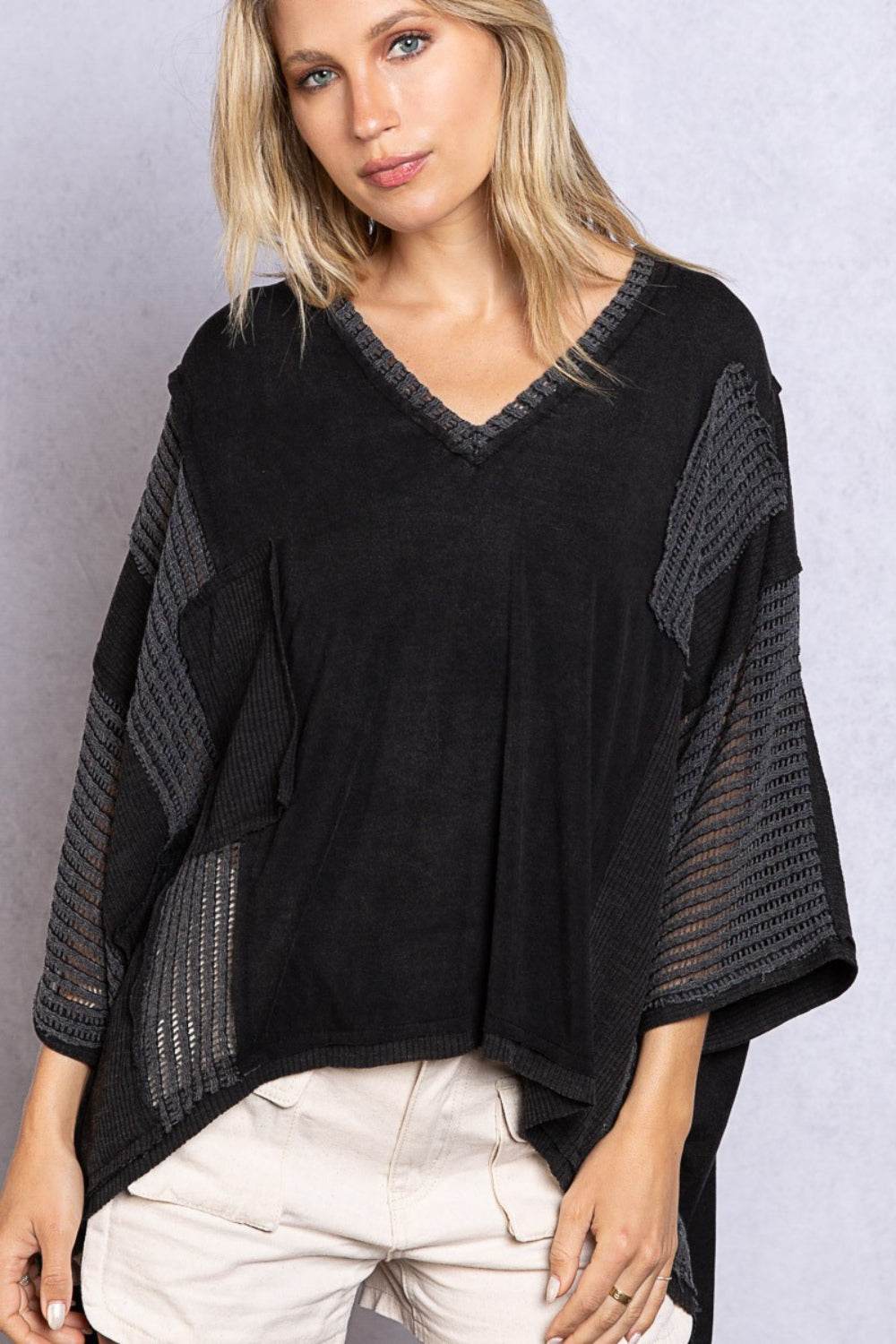 POL High-Low Contrast V-Neck Top - DaTrendStore.Com
