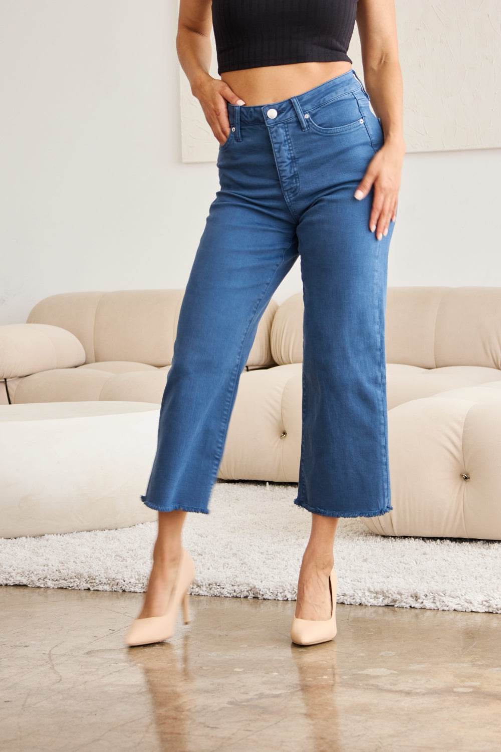 RFM Crop Chloe Full Size Tummy Control High Waist Raw Hem Jeans - DaTrendStore.Com