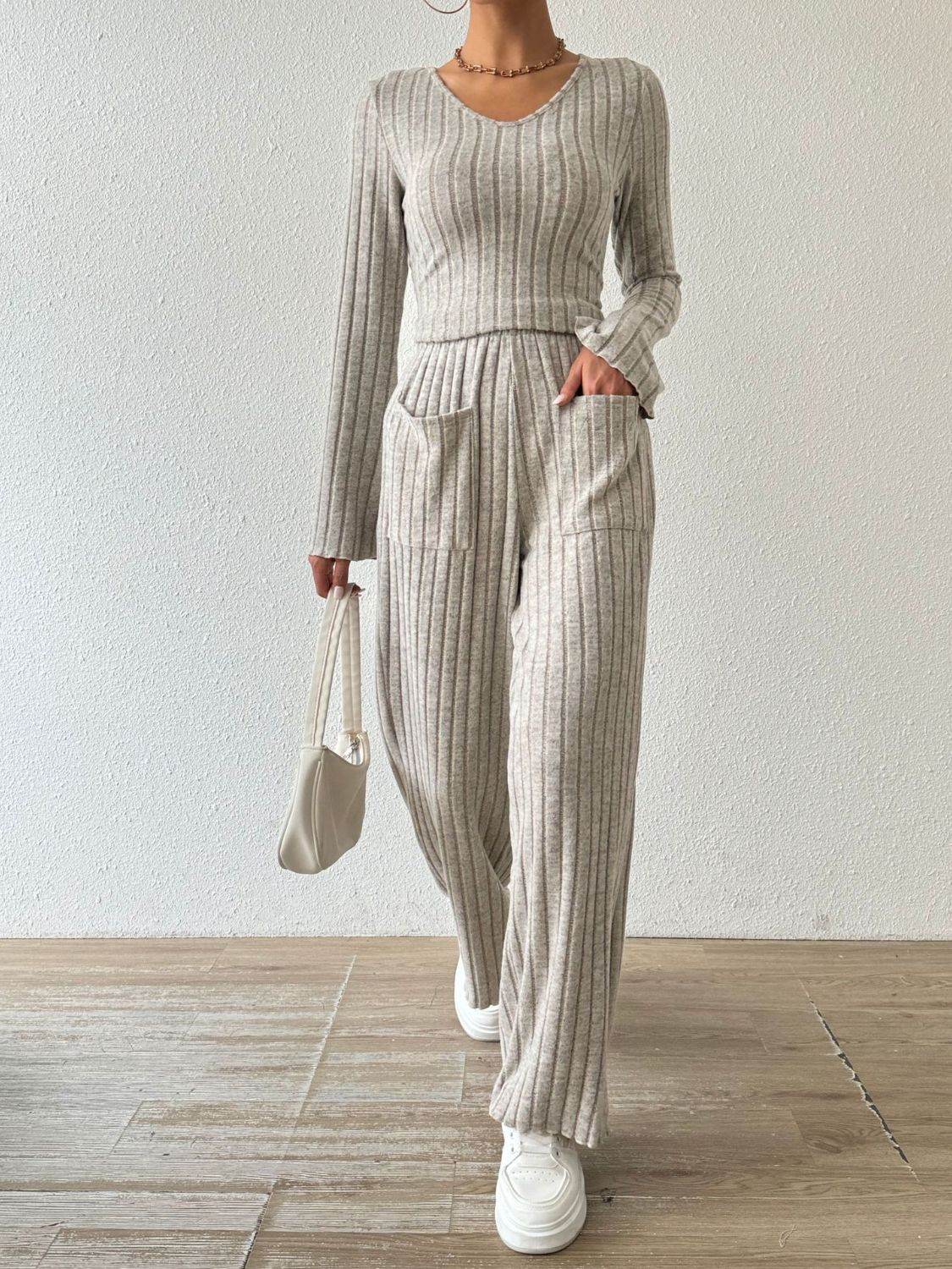 Ribbed V-Neck Long Sleeve Top and Pocketed Pants Set - DaTrendStore.Com
