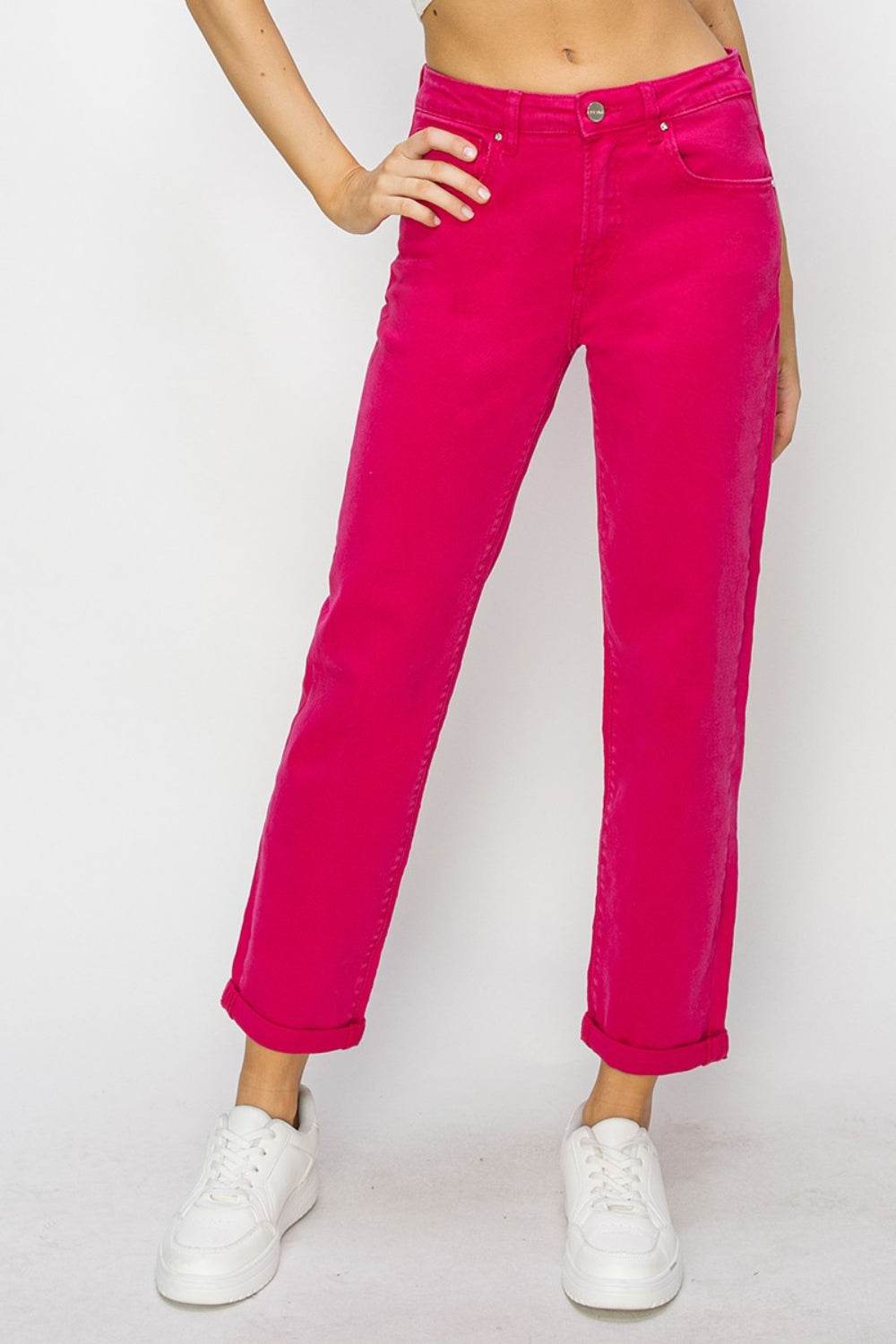 RISEN High Waist Rolled Hem Straight Jeans - DaTrendStore.Com
