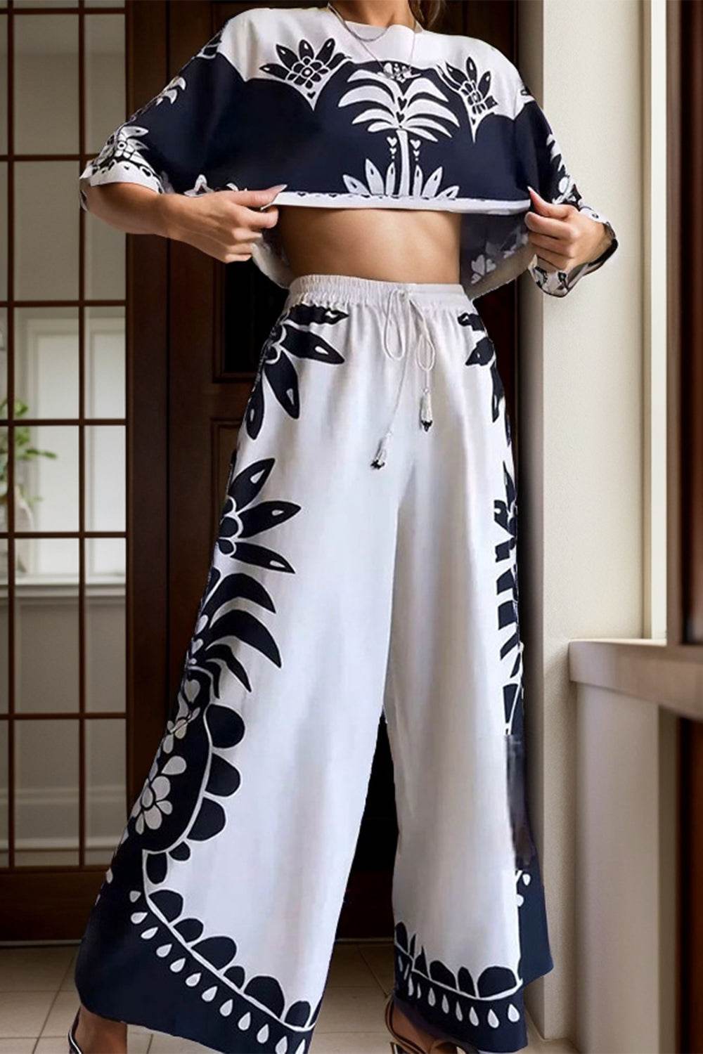 Printed Half Sleeve Top and Wide Leg Pants Set - DaTrendStore.Com