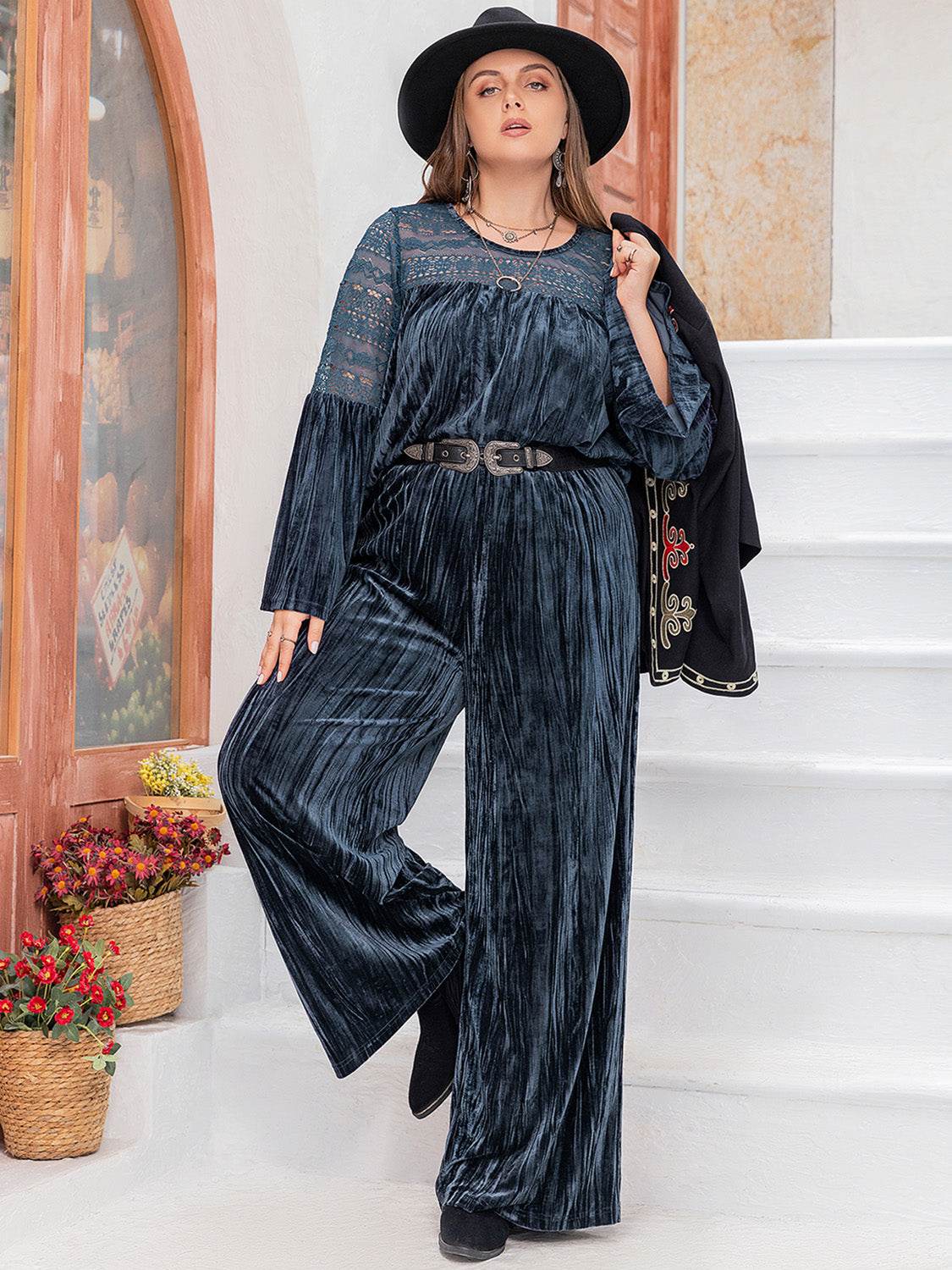 Plus Size Round Neck Flare Sleeve Top and Pants Set - DaTrendStore.Com