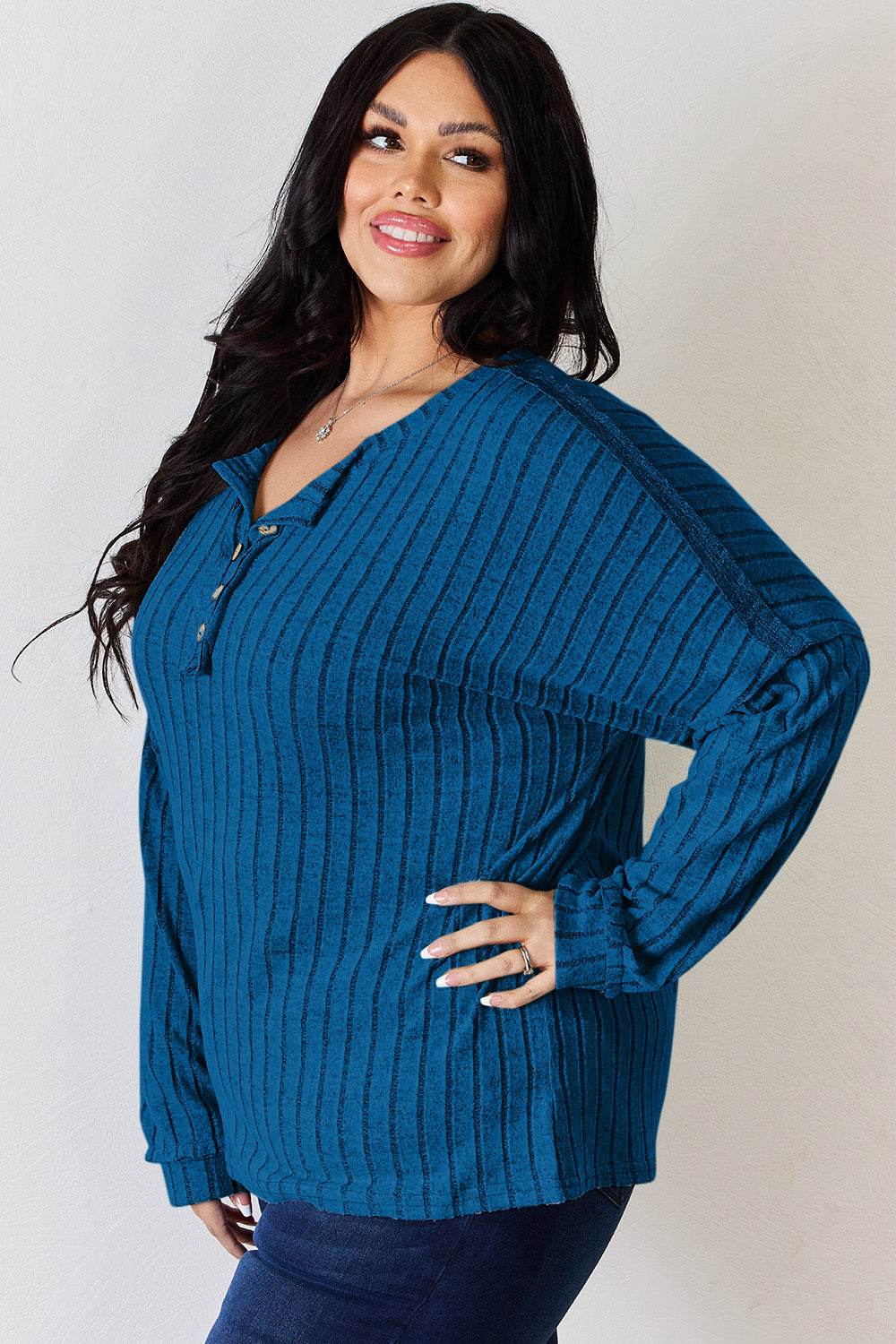 Basic Bae Full Size Ribbed Half Button Long Sleeve T-Shirt - DaTrendStore.Com
