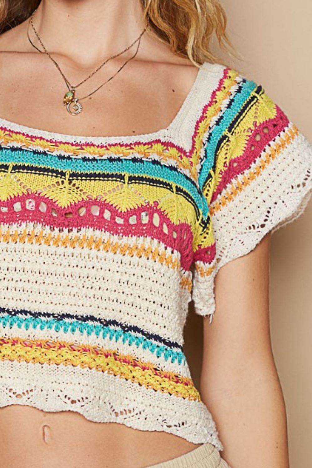 POL Openwork Ethnic Pattern Square Neck Cropped Knit Top - DaTrendStore.Com