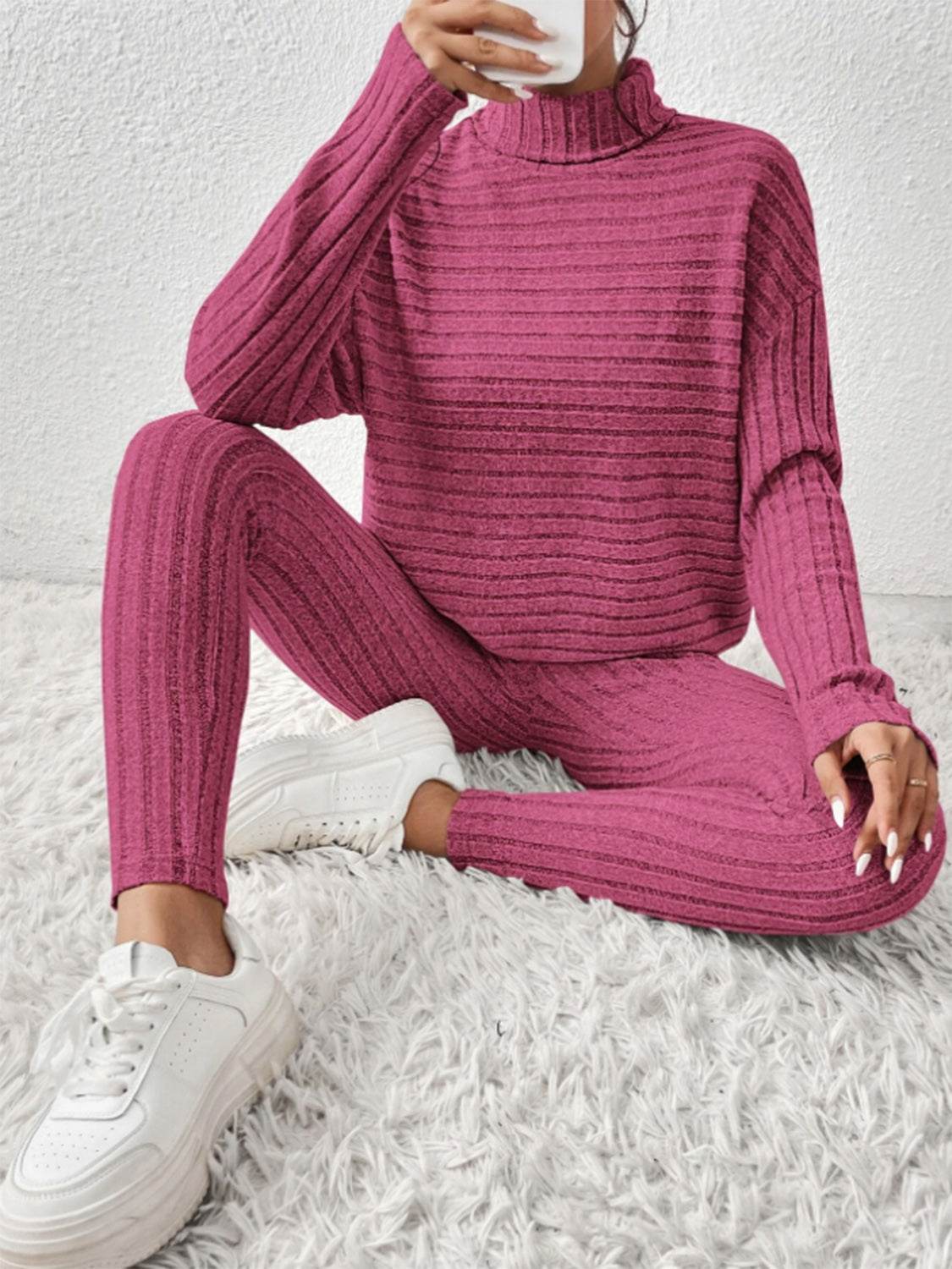 Ribbed Turtleneck Top and Pants Set - DaTrendStore.Com