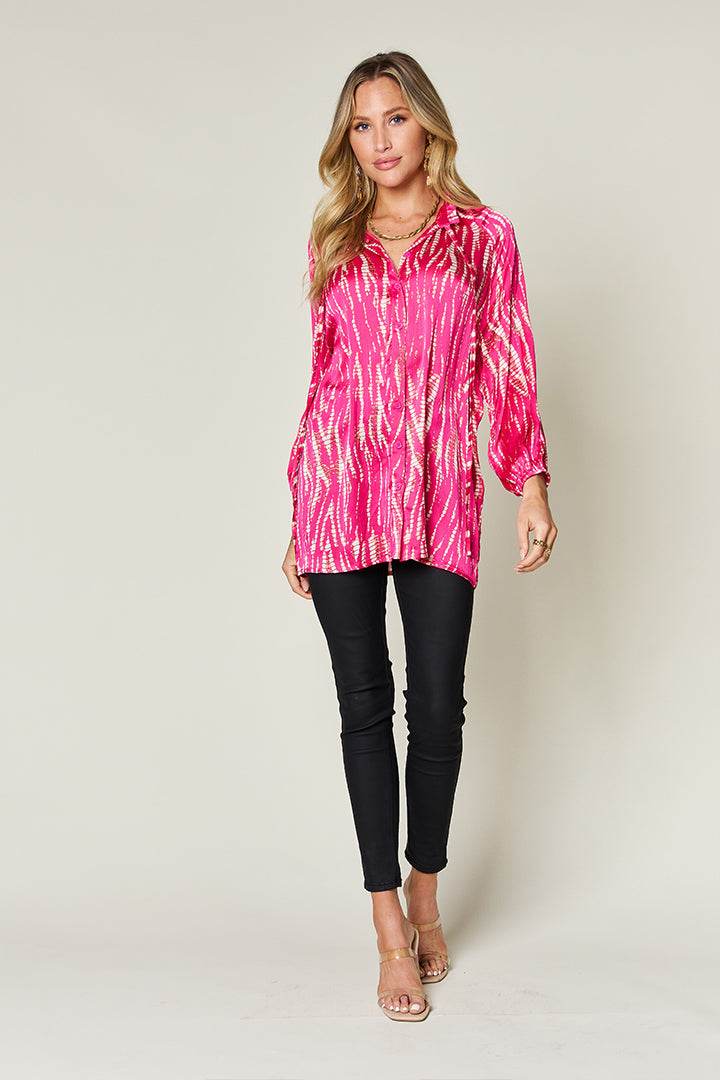 Double Take Full Size Printed Button Up Long Sleeve Shirt - DaTrendStore.Com
