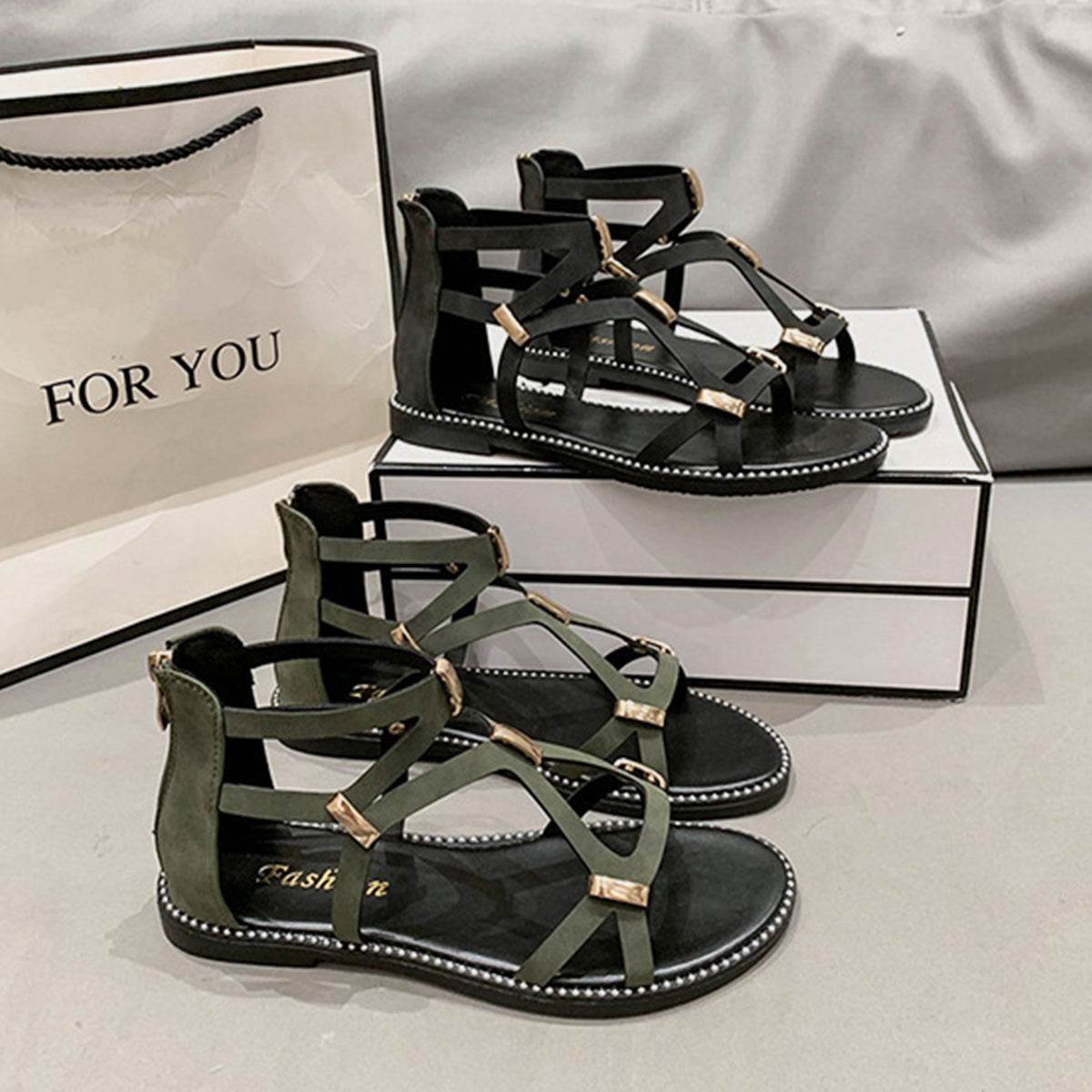 Open Toe Back Zipper Flat Sandals - DaTrendStore.Com