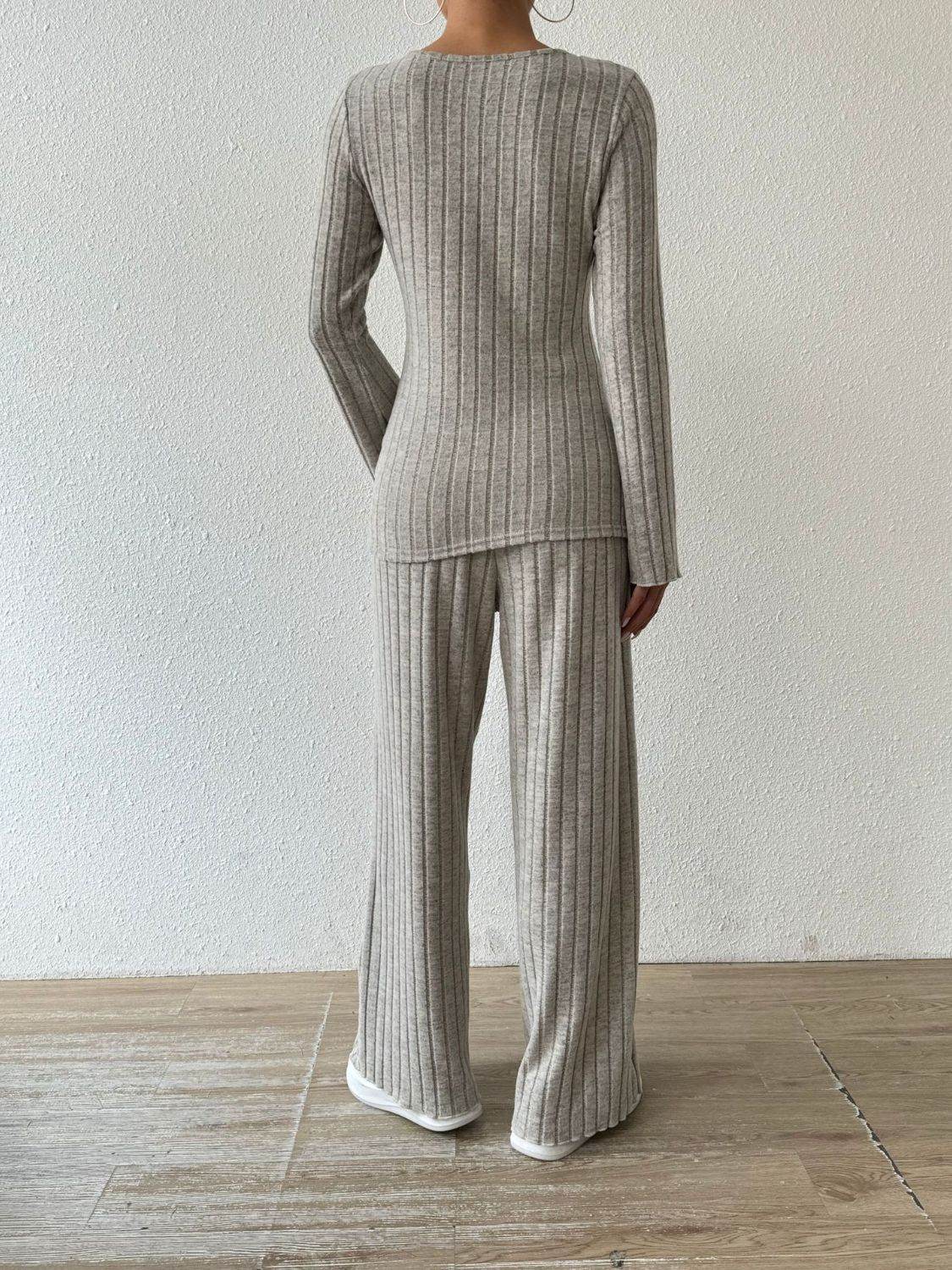 Ribbed V-Neck Long Sleeve Top and Pocketed Pants Set - DaTrendStore.Com