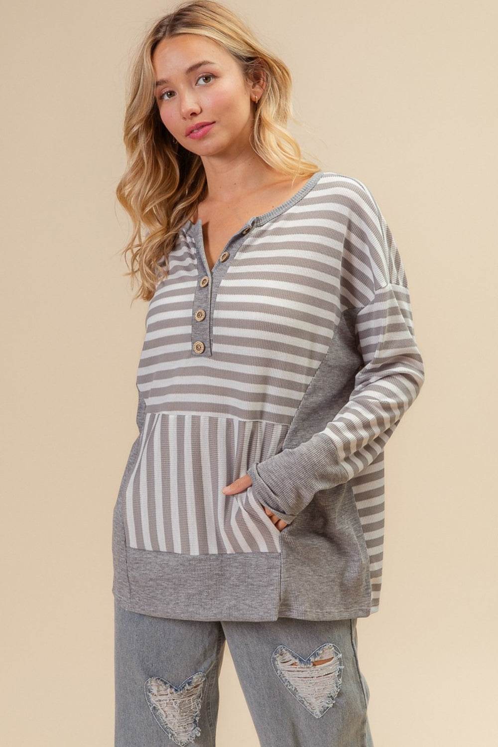 BiBi Striped Thumbhole Long Sleeve Top - DaTrendStore.Com