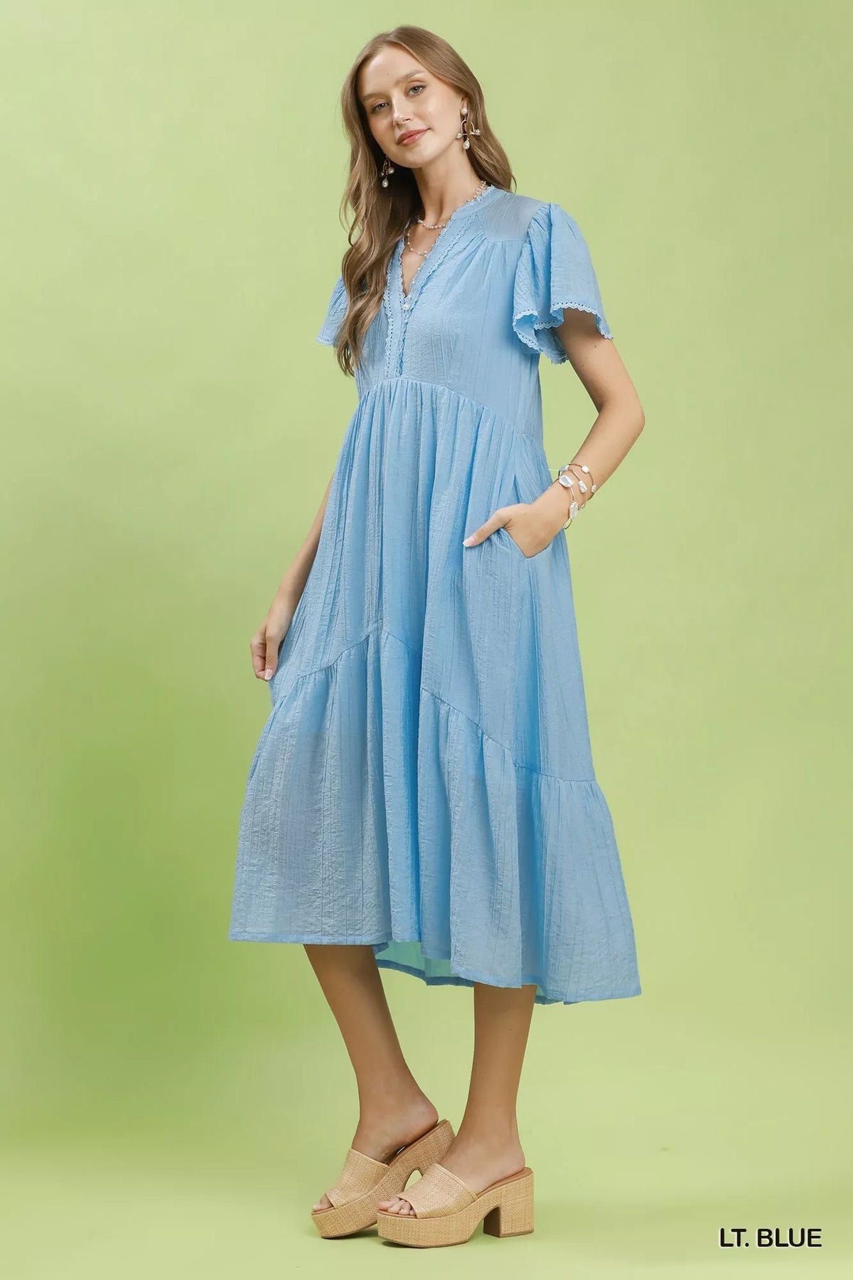 Umgee Textured Tiered Midi Dress with Side Pockets - Lt. Blue