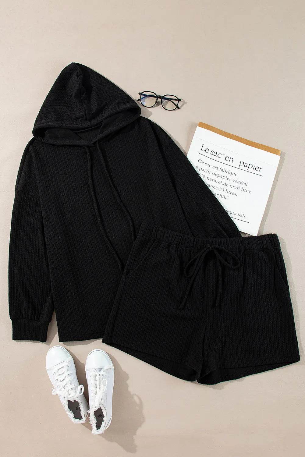 Plus Size Drawstring Dropped Shoulder Hoodie and Shorts Set - DaTrendStore.Com