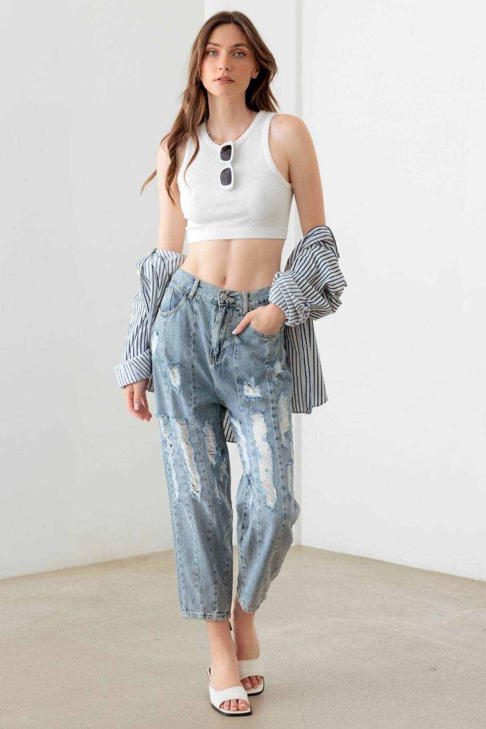 Litz La Washed Barrel Leg High Waist Distressed Jeans - DaTrendStore.Com