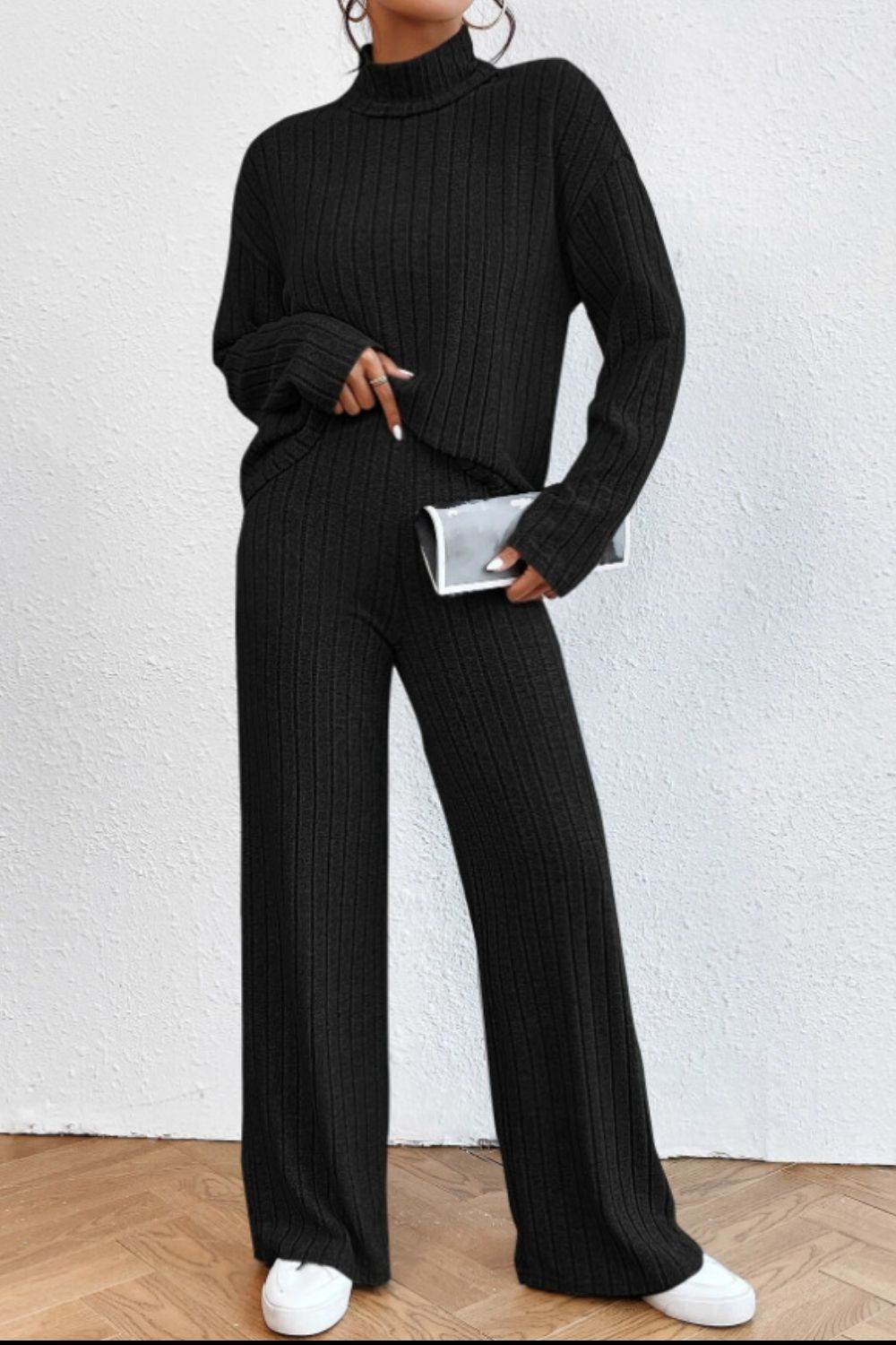 Mock Neck Dropped Shoulder Top and Pants Set - DaTrendStore.Com