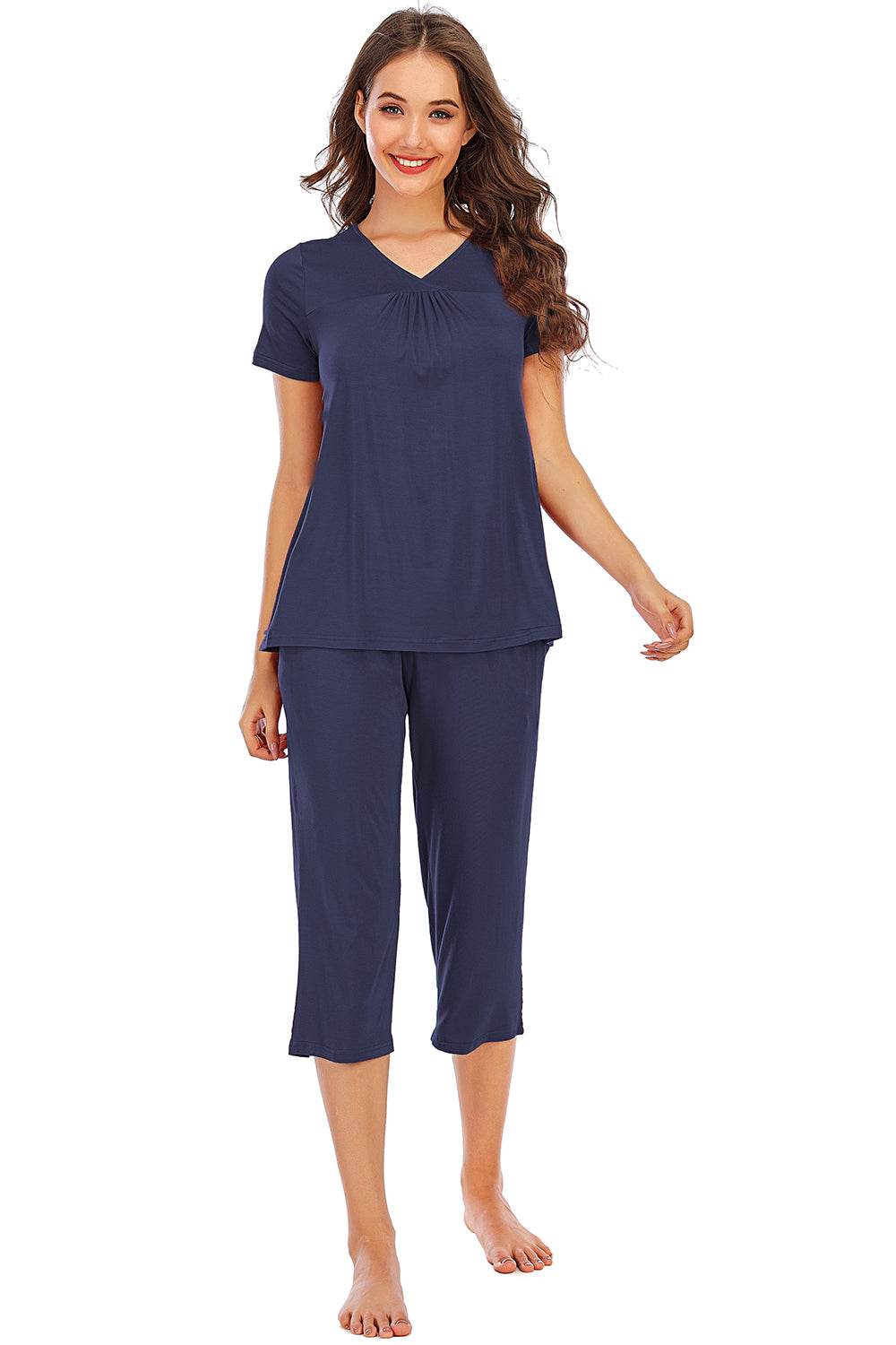 V-Neck Short Sleeve Top and Pants Lounge Set - DaTrendStore.Com