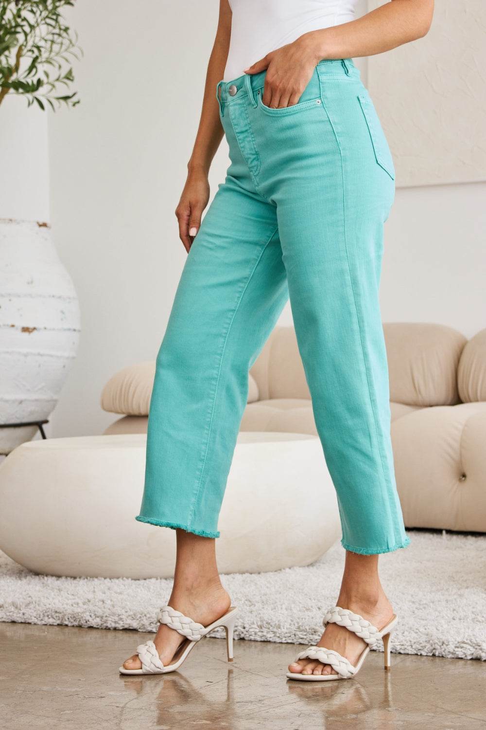 RFM Crop Chloe Full Size Tummy Control High Waist Raw Hem Jeans - DaTrendStore.Com