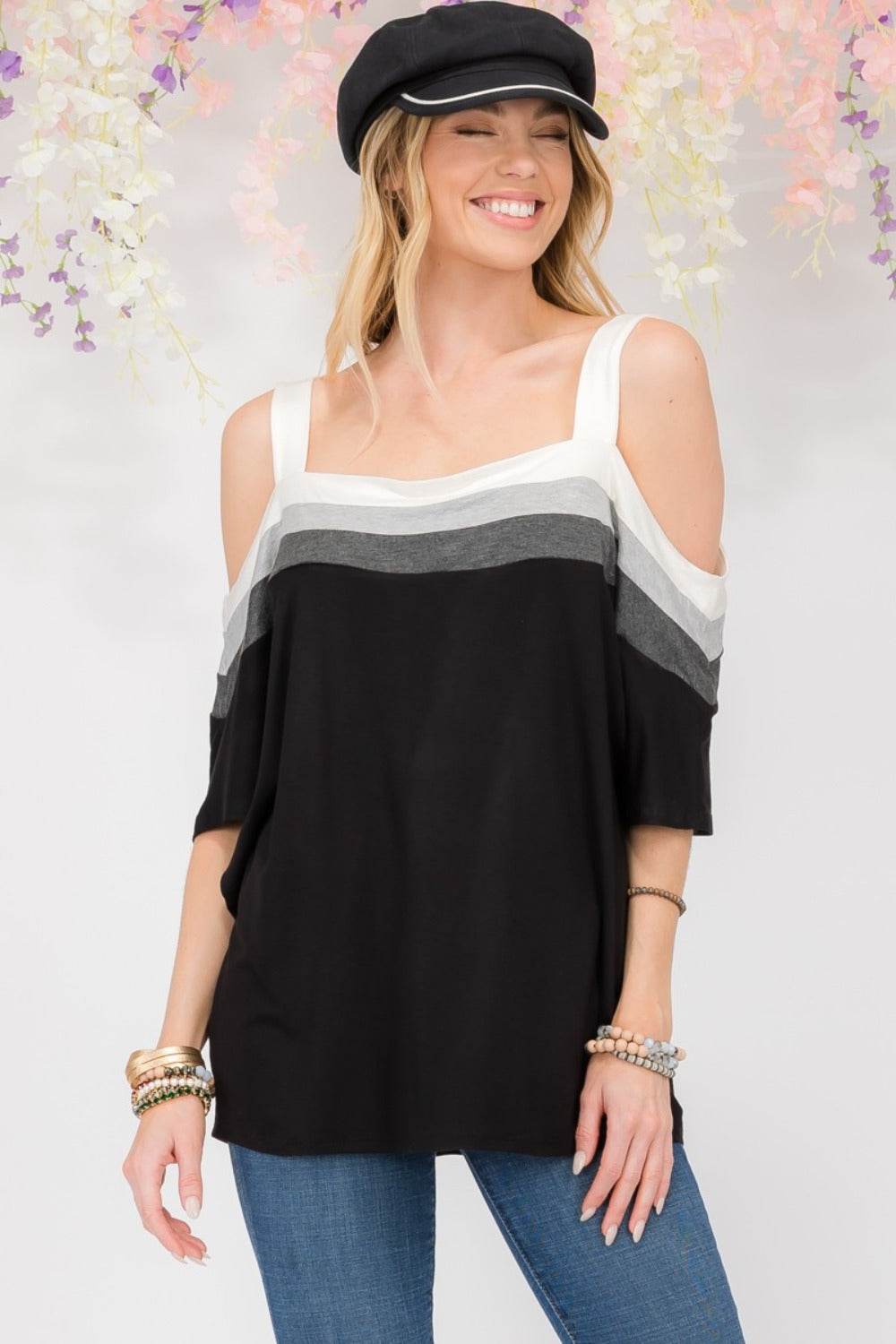 Celeste Full Size Striped Cold Shoulder Top - DaTrendStore.Com